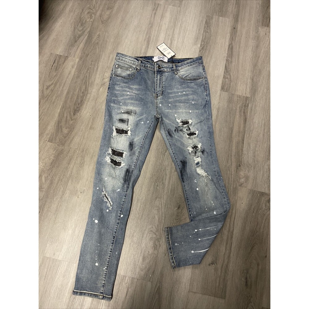 DNA LIGHT WASH BLUE STUDDED BIKER JEANS HAND CRAFTED SIZE 38 NEW RETAIL 119